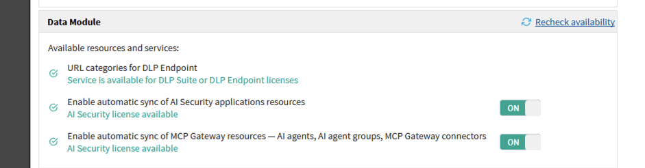 Data Module section showing licence status and the AI Security synchronization toggles