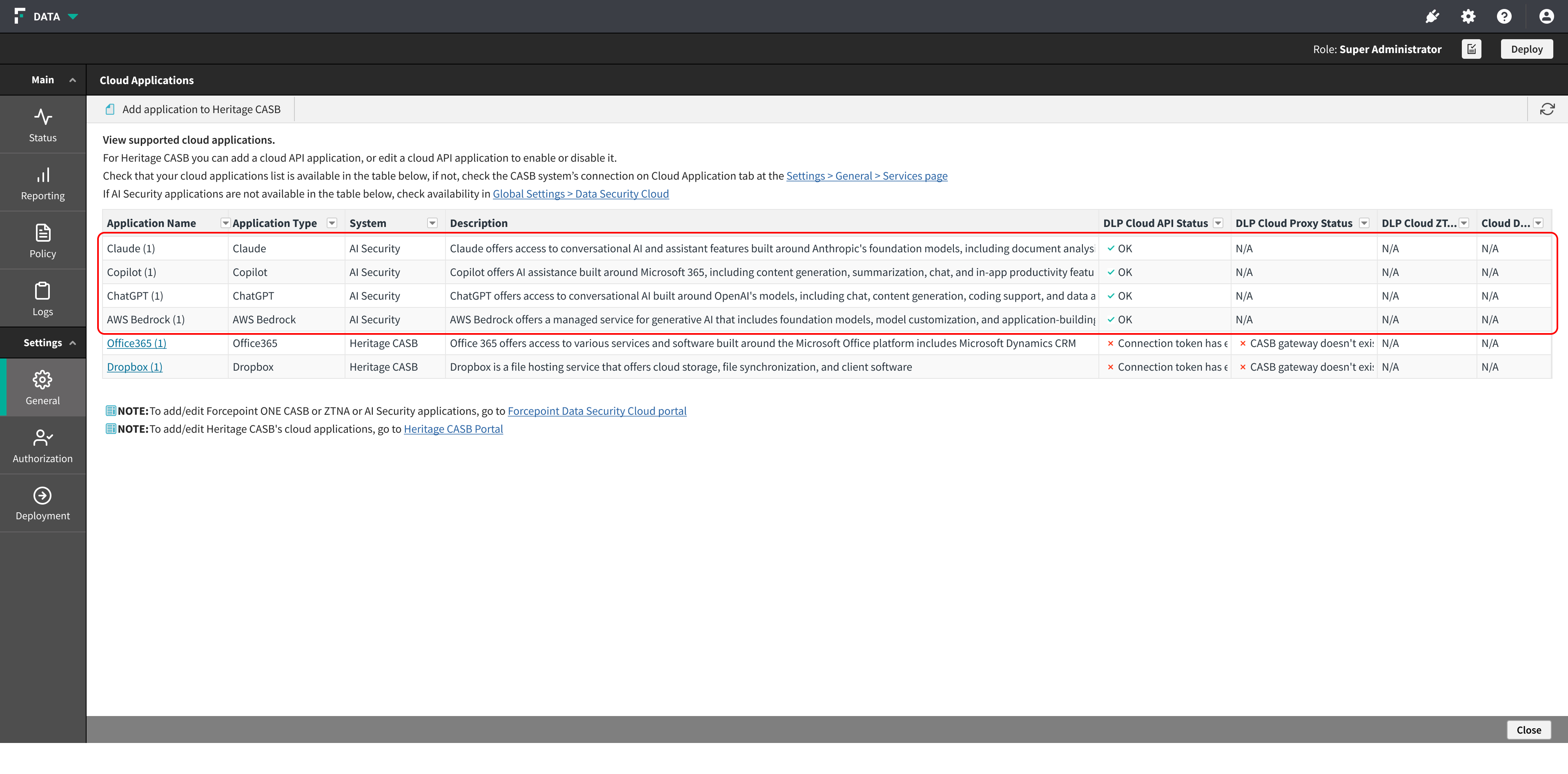 Cloud Applications page filtered to System = AI Security