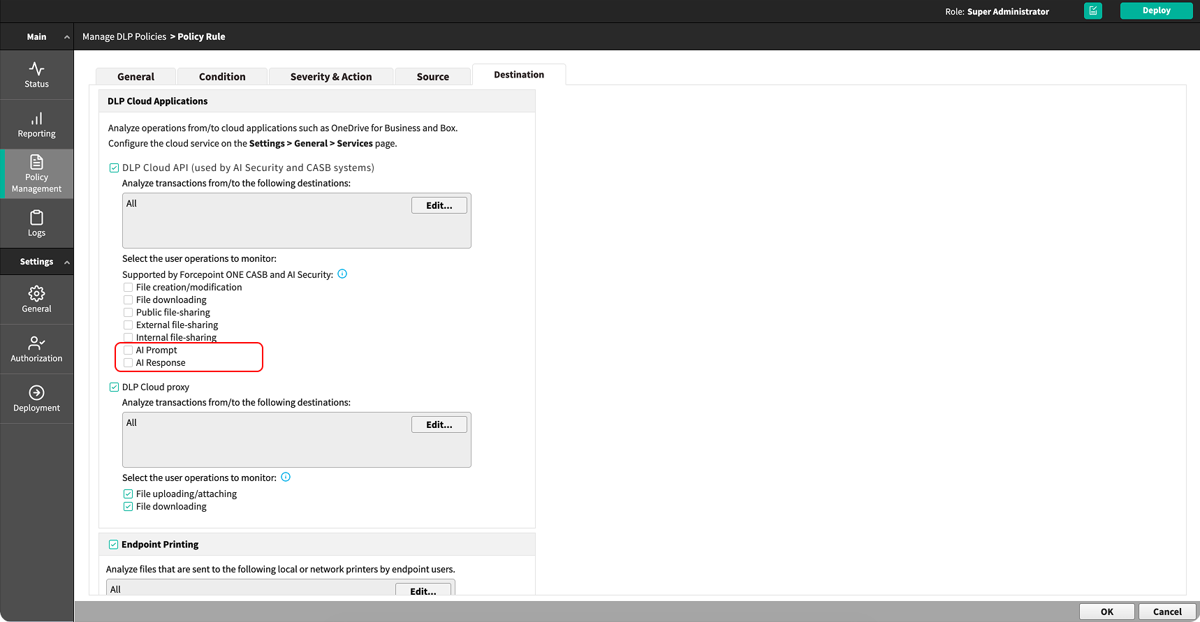 Destination tab with the AI Prompt and AI Response operations selected