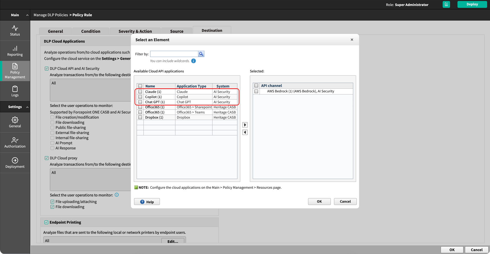 Select an Element dialog box showing AI Security applications