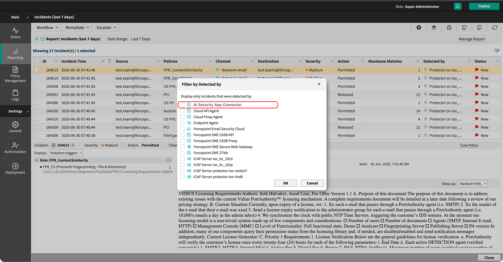 Filter by Detected by dialog box with AI Security App Connector selected