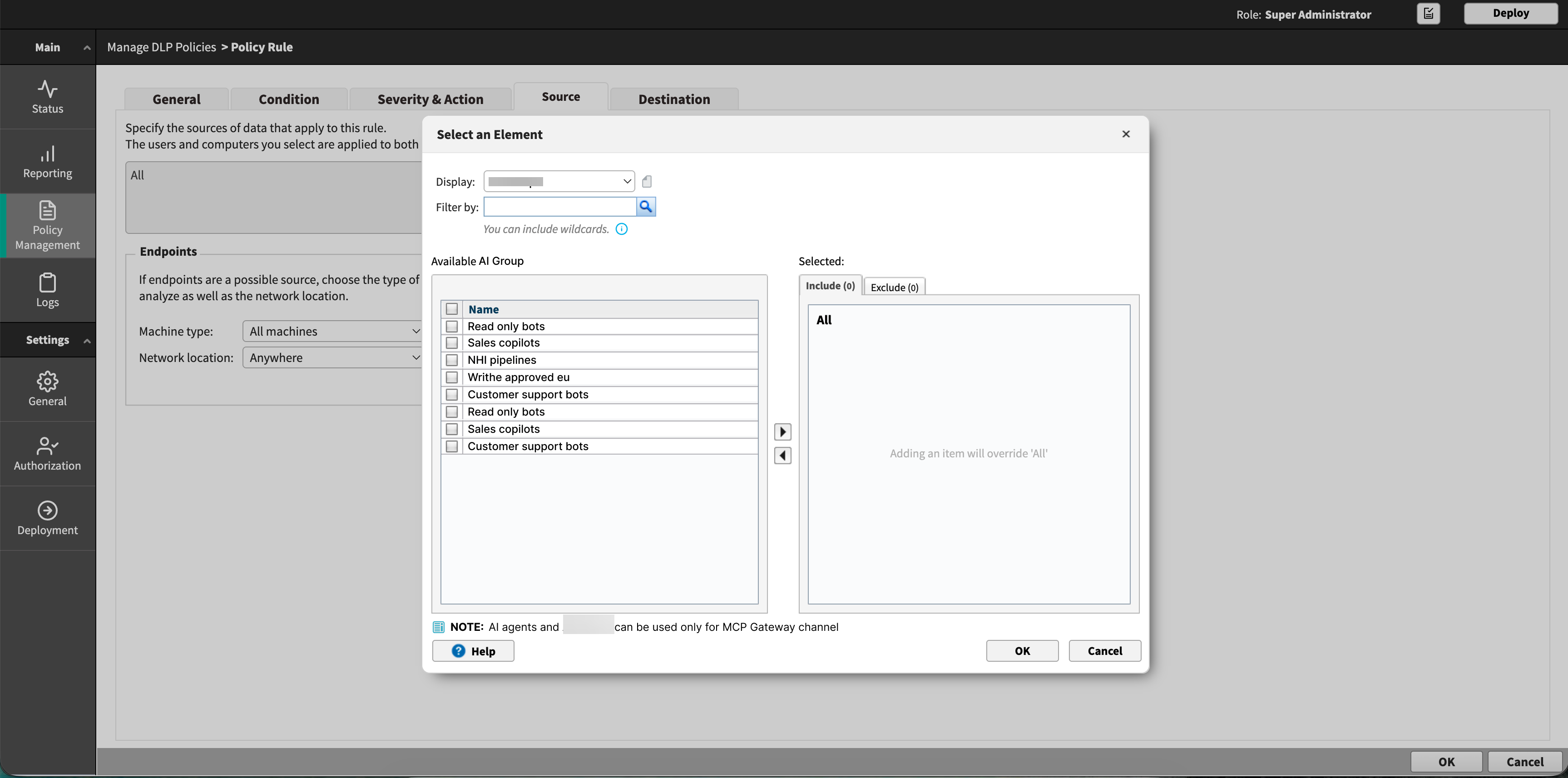 Select an Element dialog box on the Source tab with Display set to AI Groups