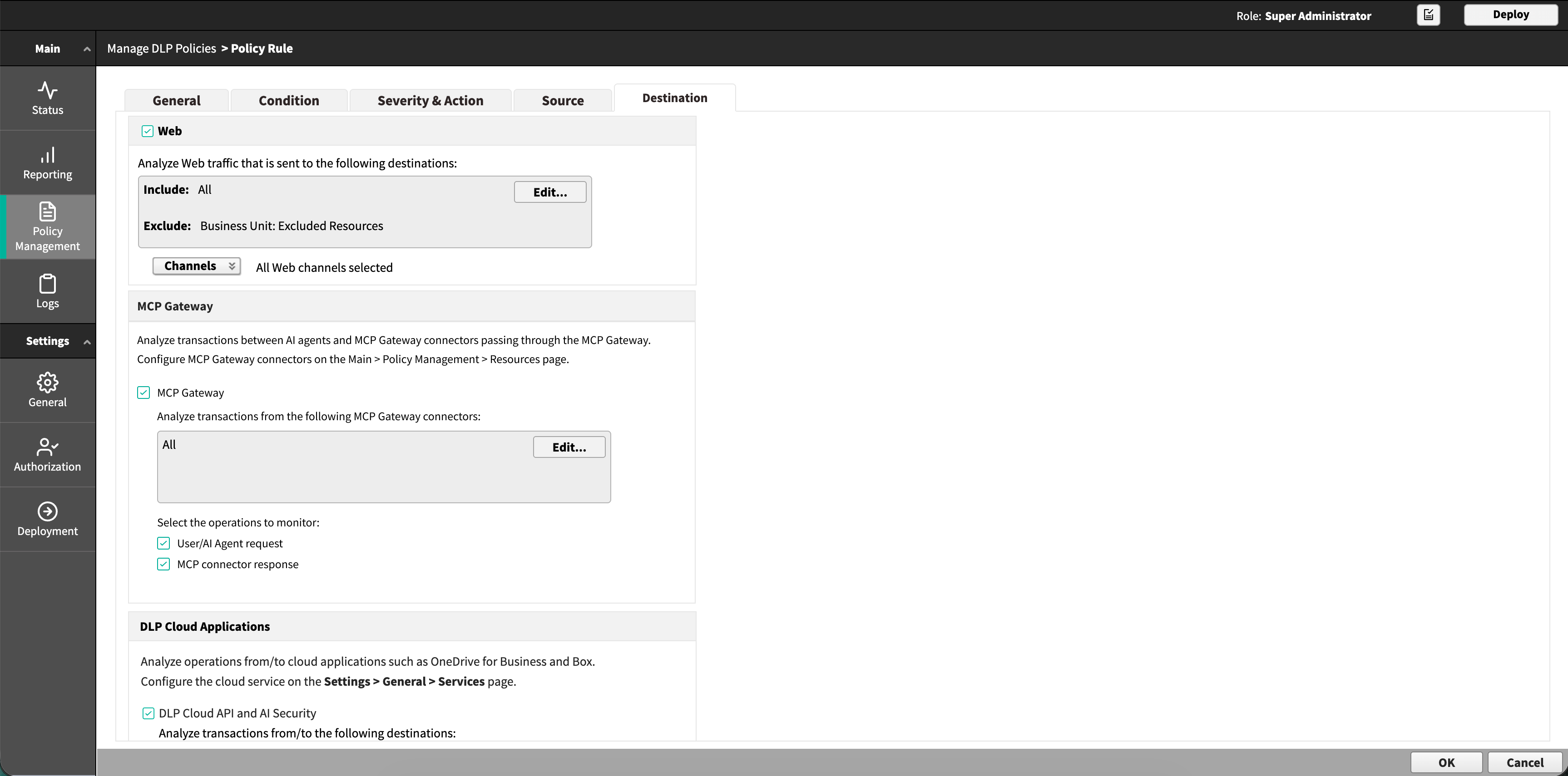 Destination tab showing the MCP Gateway section with both operations selected