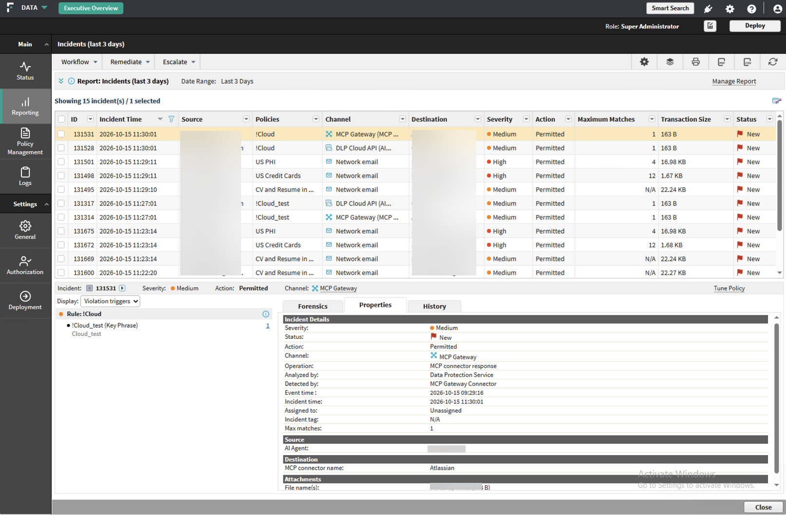 Incident Properties tab for an MCP connector response incident