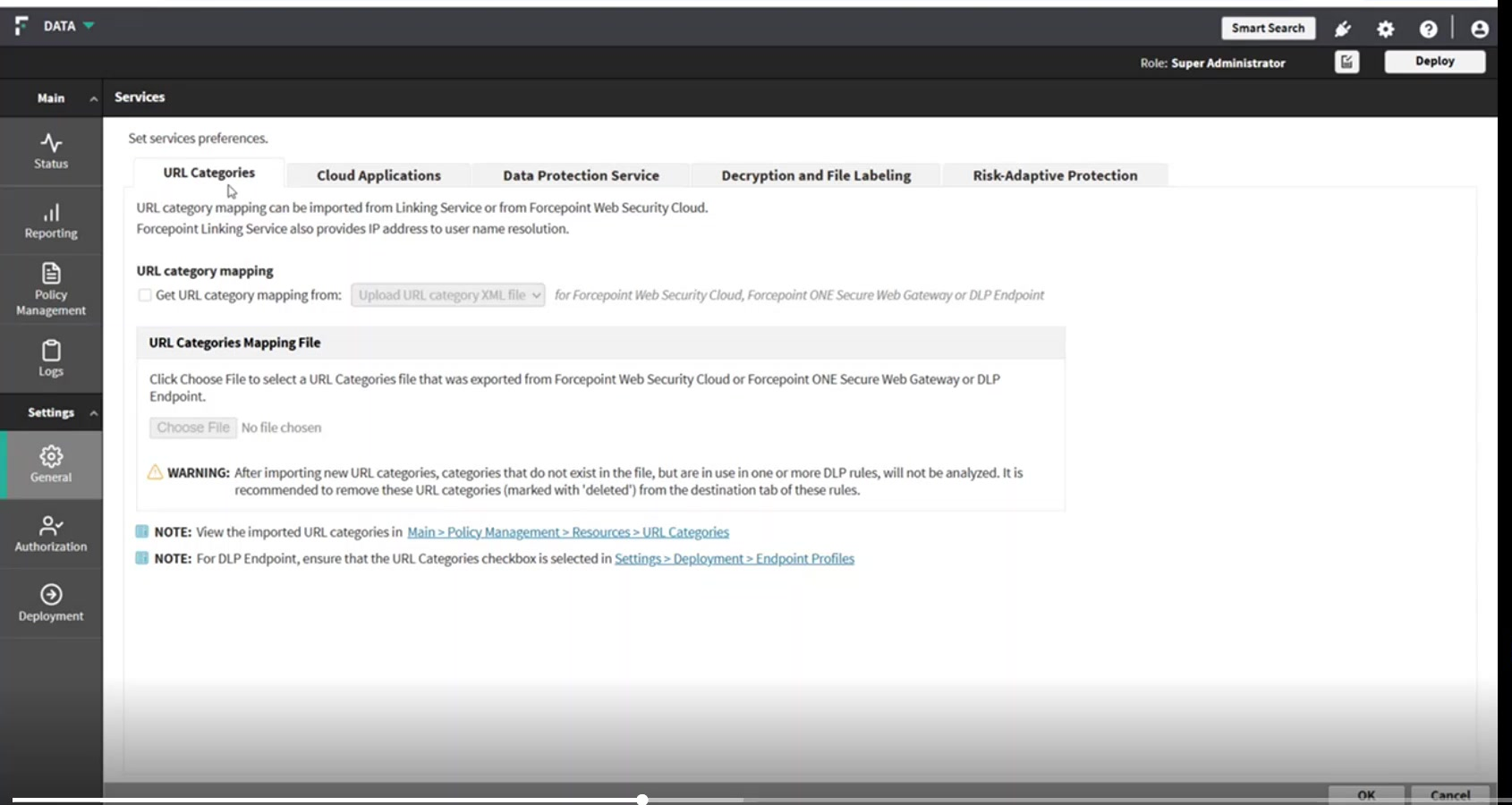 URL Categories tab before an import source is selected