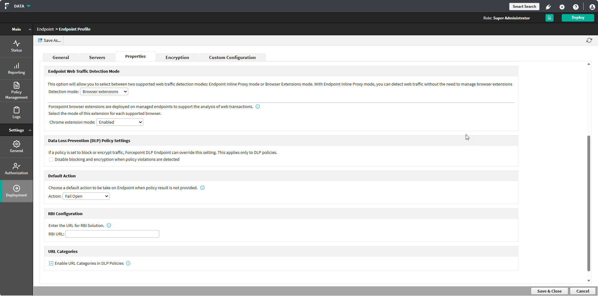 URL Categories section on the endpoint profile Properties tab