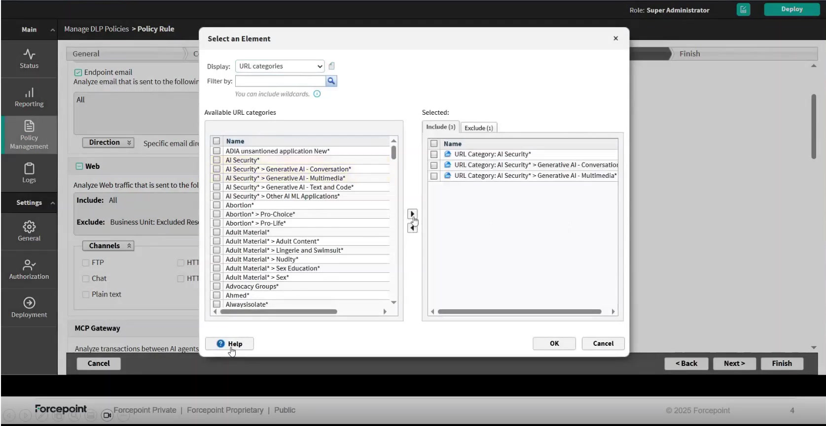 Select an Element dialog box with Display set to URL categories