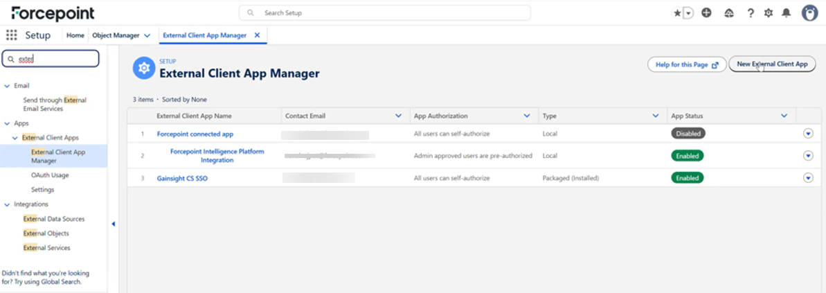 External Client App Manager with the New External Client App button