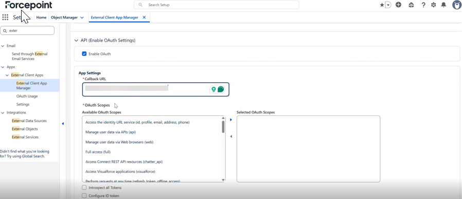 Enable OAuth checkbox and the selected OAuth scopes