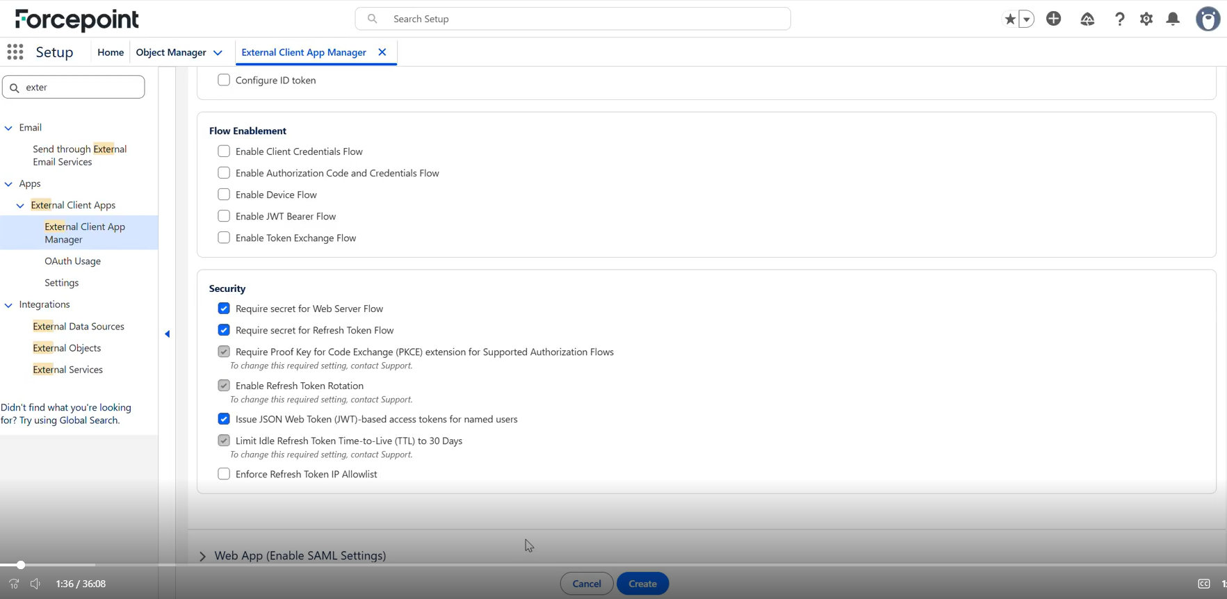 Flow Enablement and Security settings with the Create button
