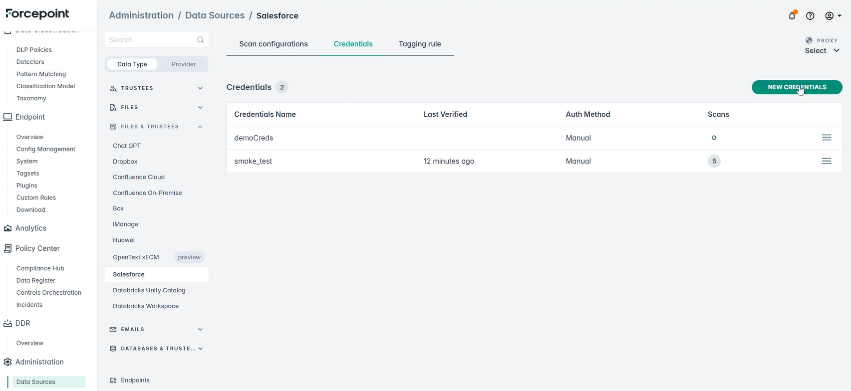 Credentials tab for the Salesforce data source