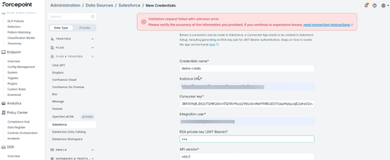Validation error shown for a mismatched RSA private key