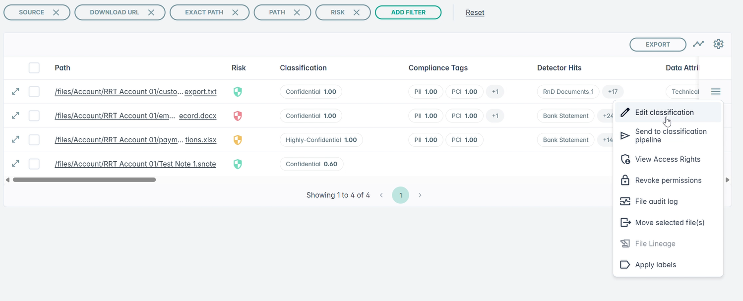 Remediation actions menu for a discovered Salesforce file