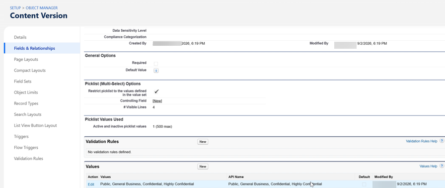 Field detail page with classification values in use