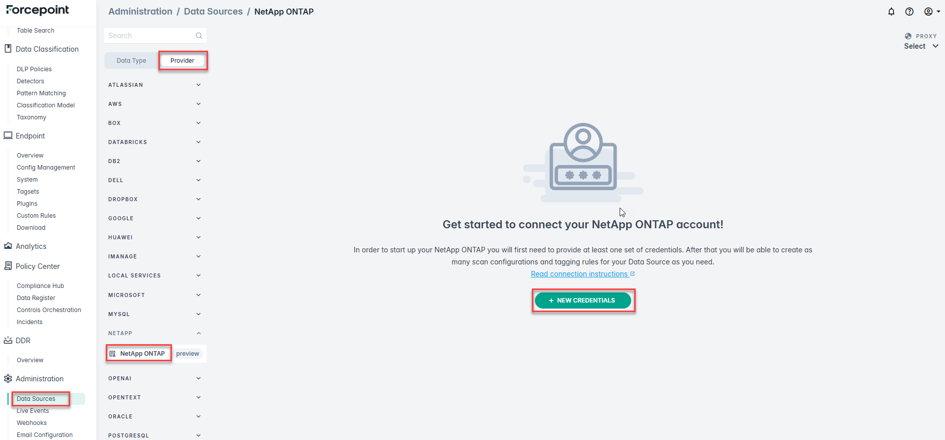 Figure 1: Selecting the NetApp ONTAP provider under Administration > Data Sources and starting a new credential set.