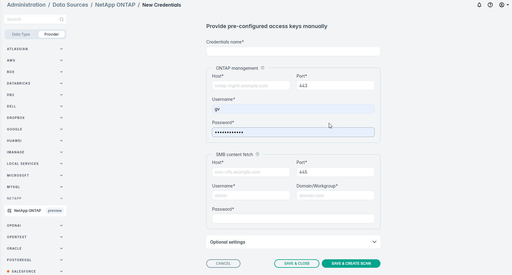 Figure 2: New Credentials form — the ONTAP management (REST) and SMB content fetch (CIFS) channels are configured separately.