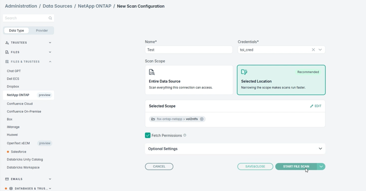 Figure 3: Scan configuration with the scope narrowed to a single volume and permission fetching enabled.