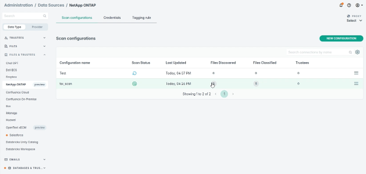 Figure 4: Scan configurations list showing scan status and discovery, classification, and trustee counts.