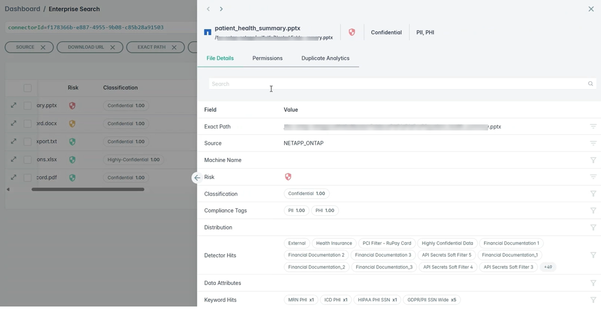 Figure 5: Enterprise Search file details for a file scanned from NetApp ONTAP, including classification and compliance tags.