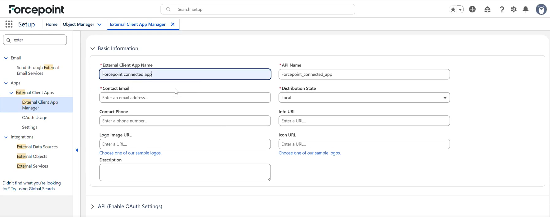 Basic Information section of the new external client app