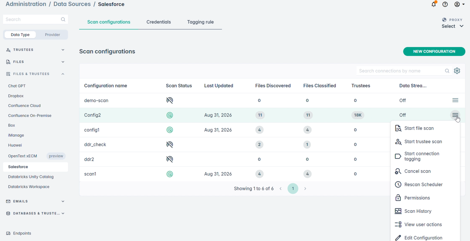 Actions menu for a scan configuration