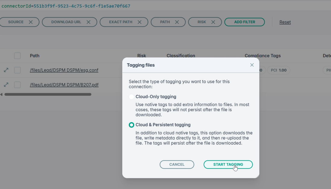 Cloud and Persistent tagging selected in the Tagging files dialog